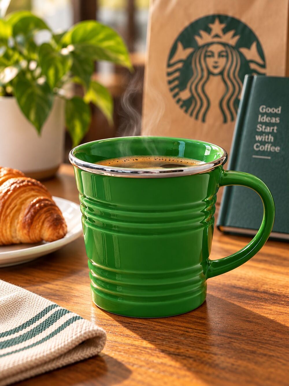 Starbucks 2007 Green Ceramic Coffee Mug 14 oz Silver Rim Ribbed Vintage Cup